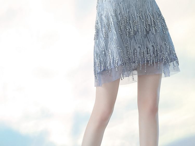 Spaghetti Strap Rhinestone Sheer Mini Dress