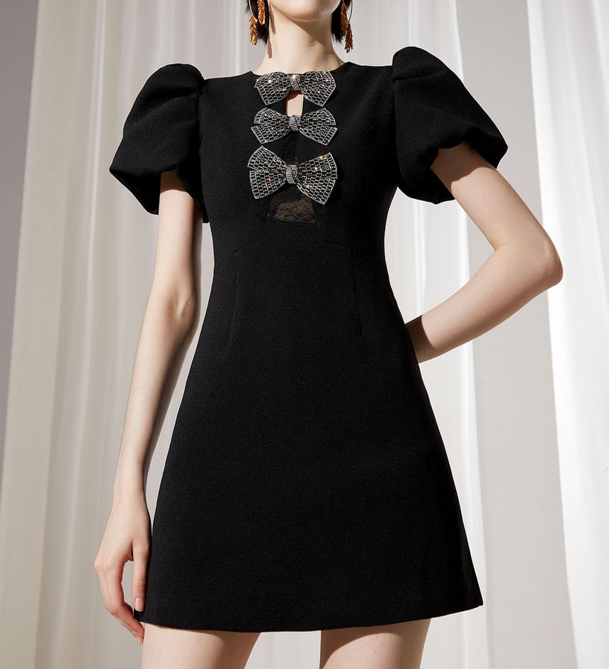 Short-Sleeve Bow Accent Mini A-Line Dress