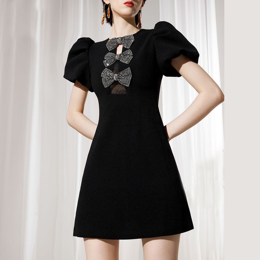 Short-Sleeve Bow Accent Mini A-Line Dress