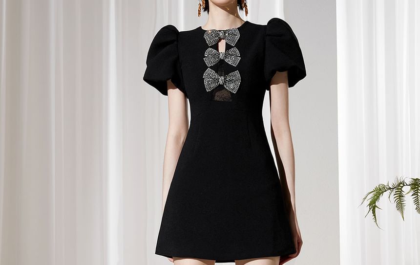 Short-Sleeve Bow Accent Mini A-Line Dress