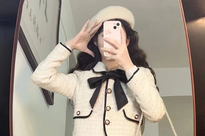 Set: Collared Ribbon Accent Button-Up Jacket + Mini Skirt