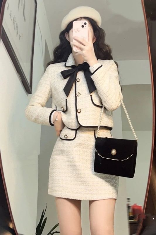 Set: Collared Ribbon Accent Button-Up Jacket + Mini Skirt