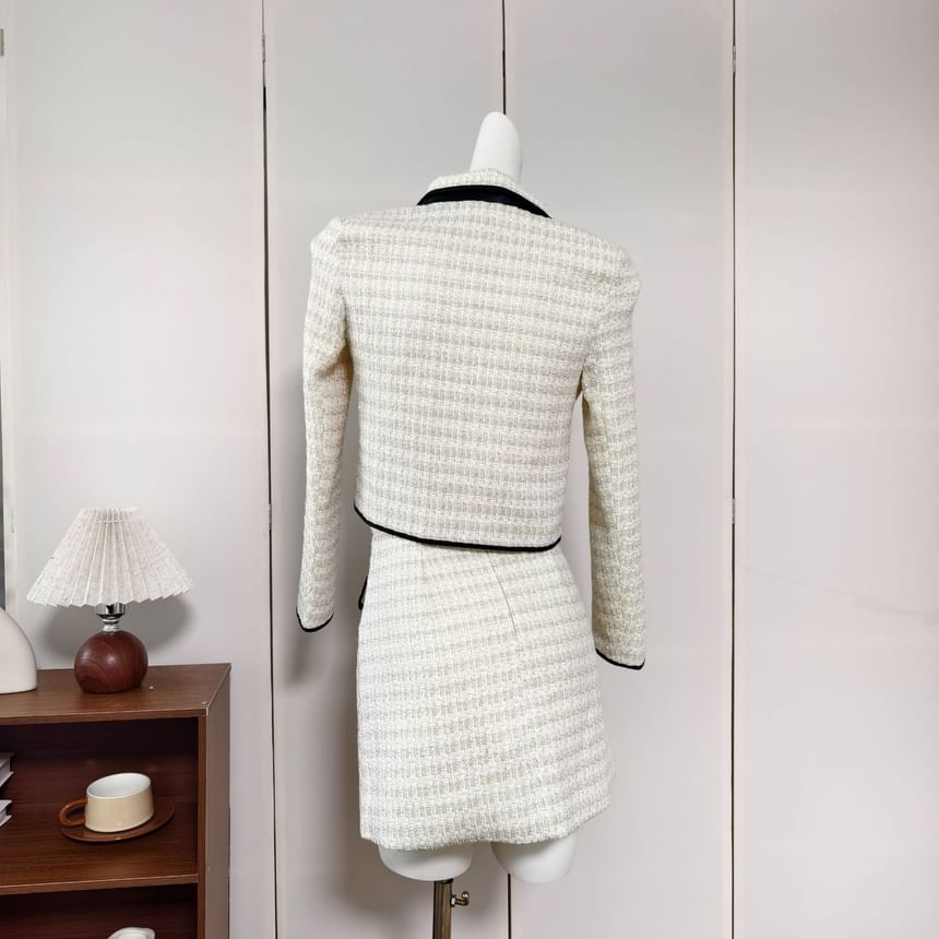 Set: Collared Ribbon Accent Button-Up Jacket + Mini Skirt