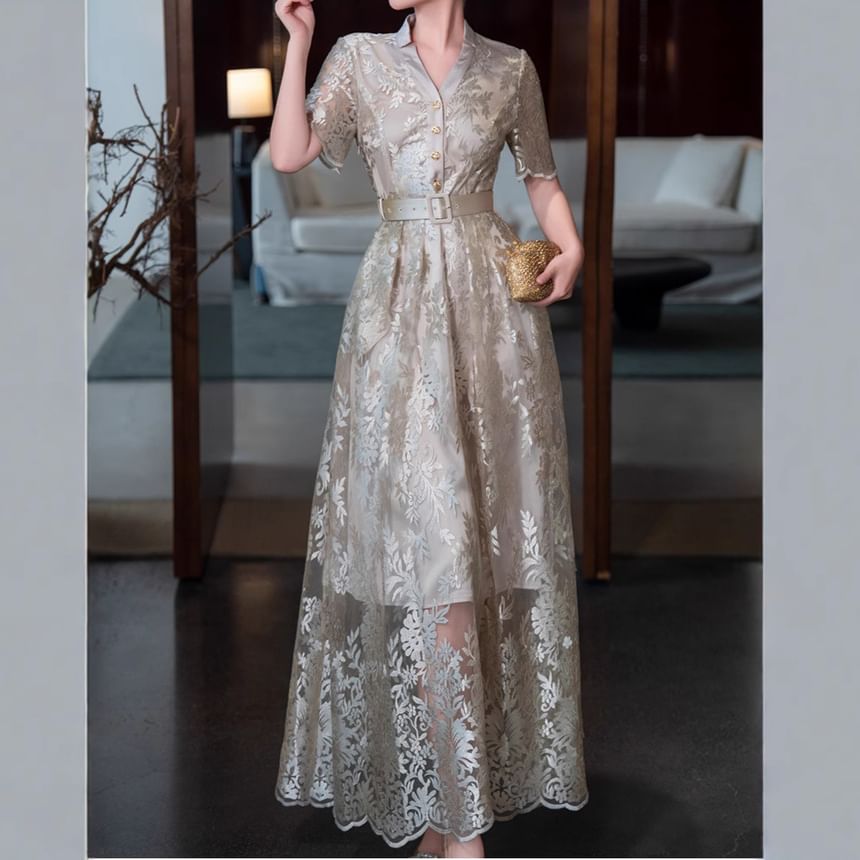 Short-Sleeve Embroidered Belt Waist Maxi A-Line Dress