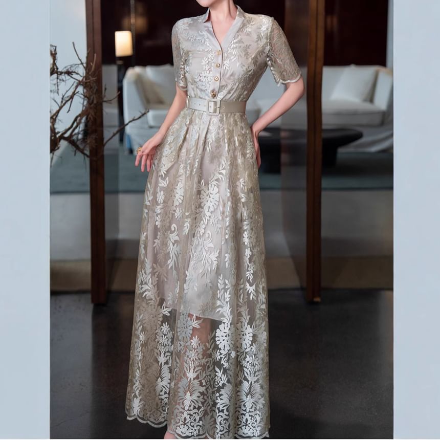 Short-Sleeve Embroidered Belt Waist Maxi A-Line Dress