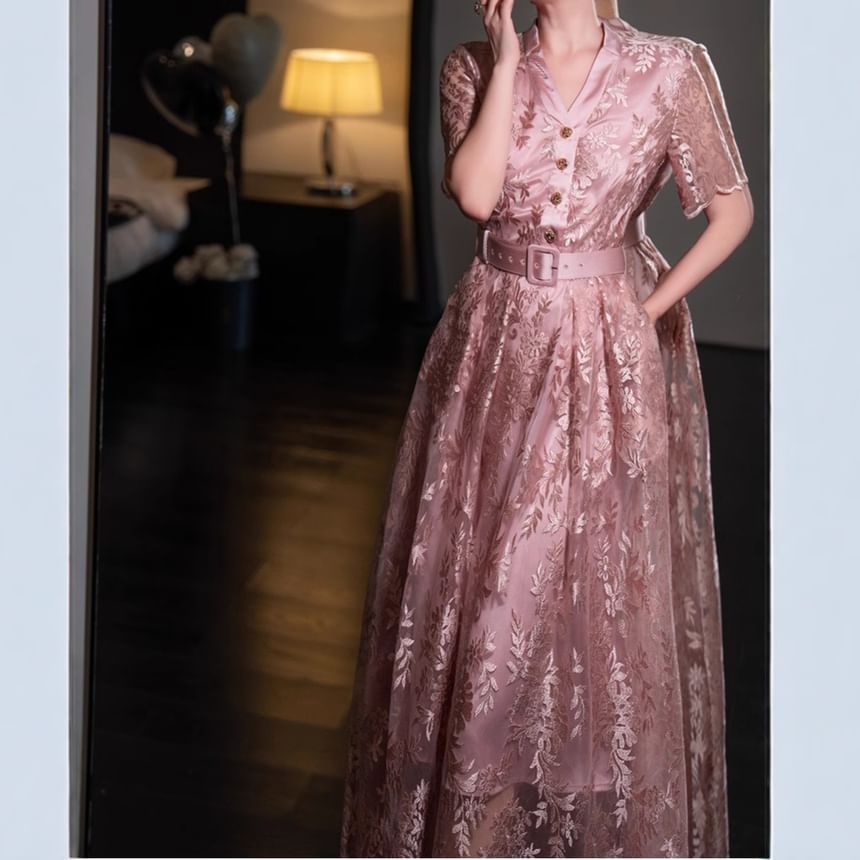Short-Sleeve Embroidered Belt Waist Maxi A-Line Dress