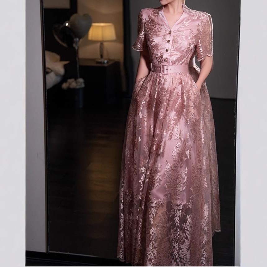 Short-Sleeve Embroidered Belt Waist Maxi A-Line Dress