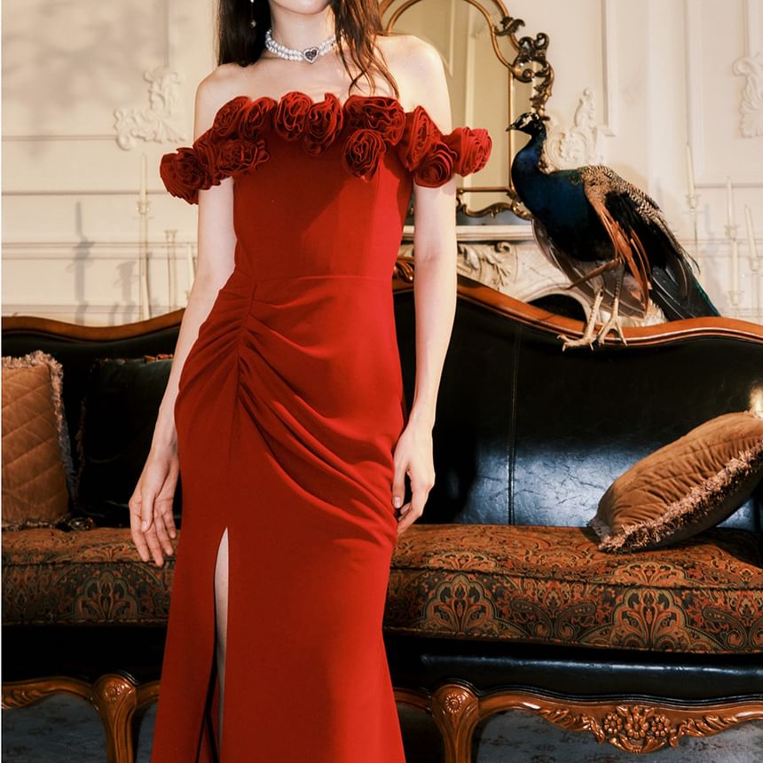 Short-Sleeve Off Shoulder Floral Accent Maxi A-Line Dress