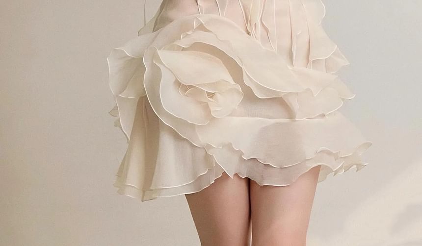 Cap-Sleeve V-Neck Ruffle Plain Mini A-Line Dress