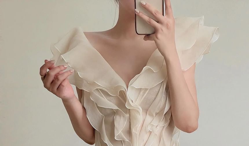 Cap-Sleeve V-Neck Ruffle Plain Mini A-Line Dress