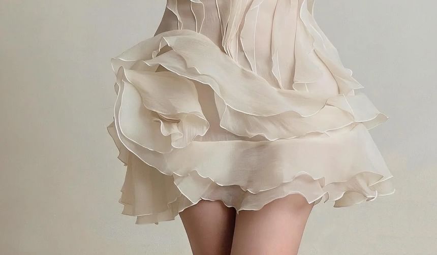 Cap-Sleeve V-Neck Ruffle Plain Mini A-Line Dress