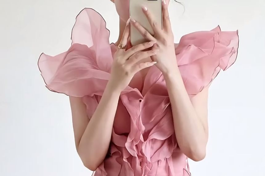 Cap-Sleeve V-Neck Ruffle Plain Mini A-Line Dress