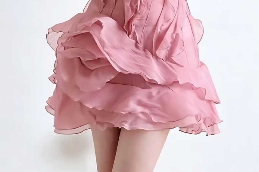 Cap-Sleeve V-Neck Ruffle Plain Mini A-Line Dress