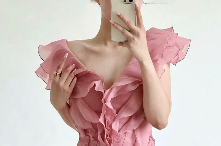 Cap-Sleeve V-Neck Ruffle Plain Mini A-Line Dress