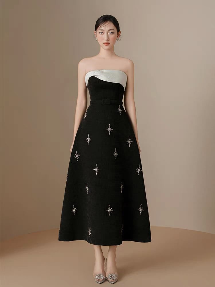 Strapless Beaded Two Tone Maxi A-Line Dress