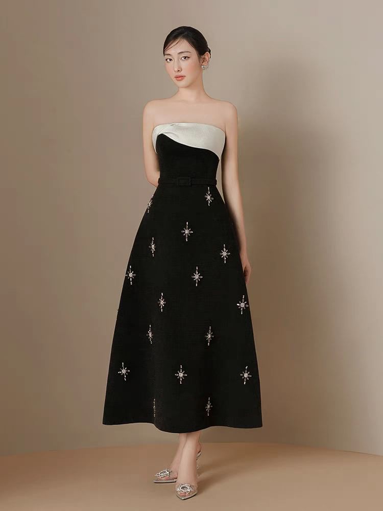 Strapless Beaded Two Tone Maxi A-Line Dress