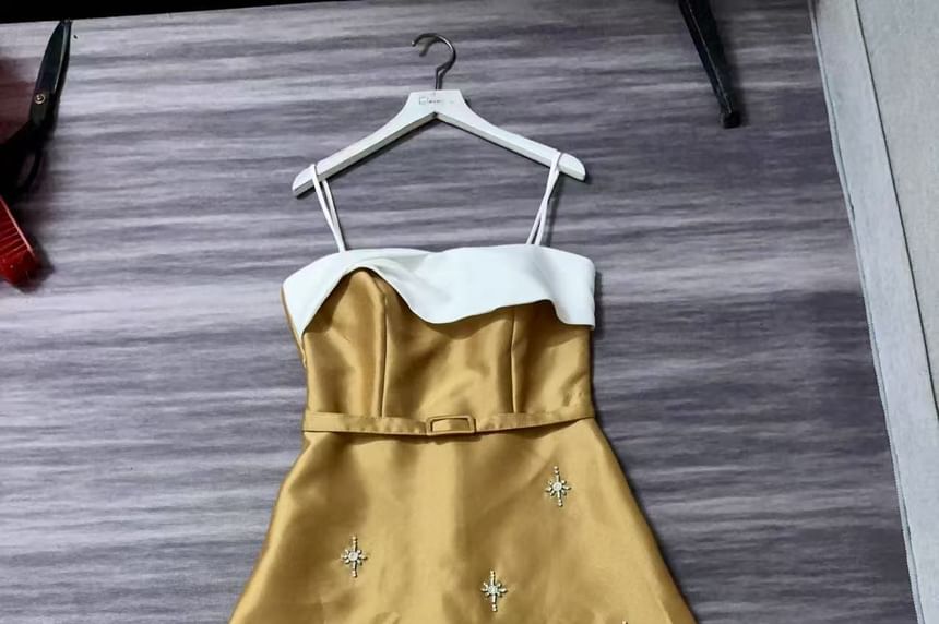 Strapless Beaded Two Tone Maxi A-Line Dress