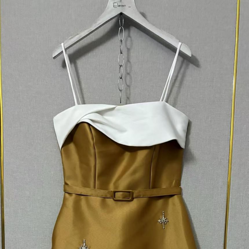 Strapless Beaded Two Tone Maxi A-Line Dress