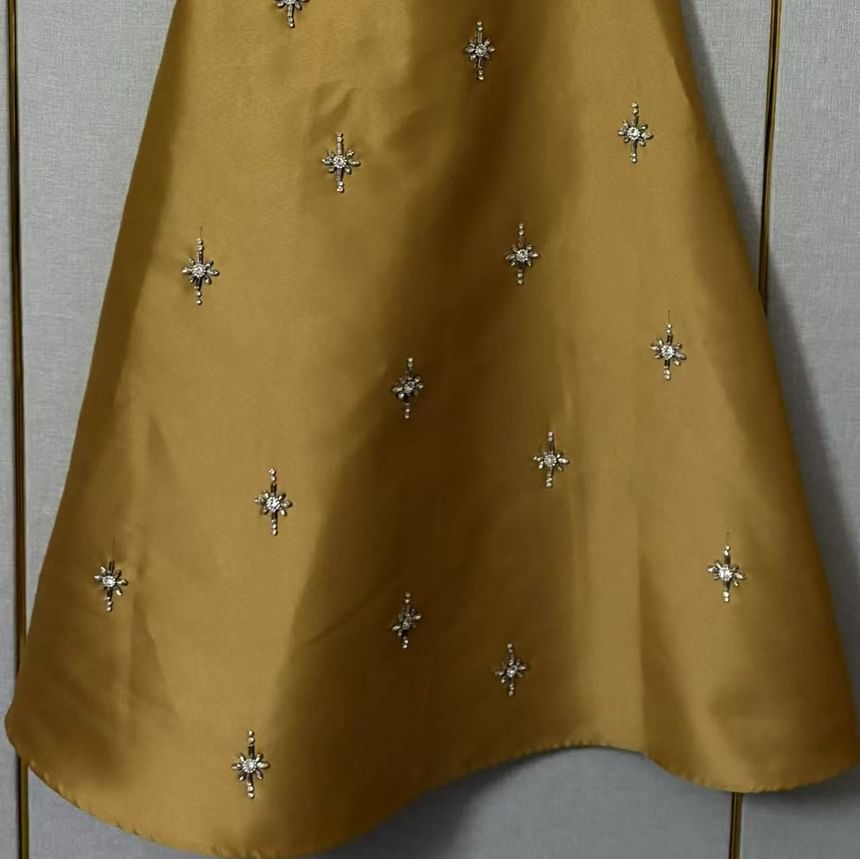 Strapless Beaded Two Tone Maxi A-Line Dress