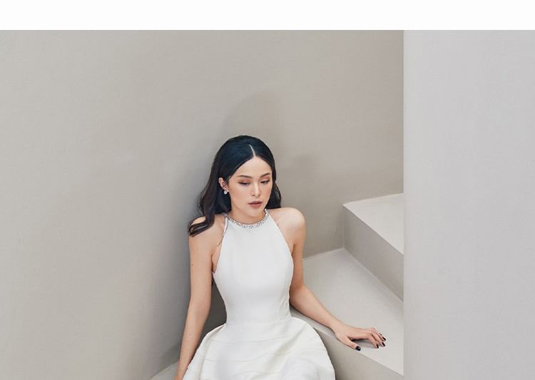 Sleeveless Rhinestone Plain Maxi A-Line Dress