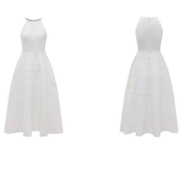 Sleeveless Rhinestone Plain Maxi A-Line Dress