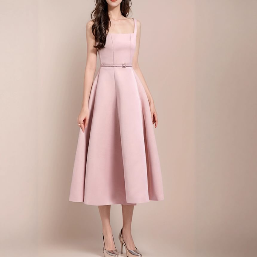 Sleeveless Square Neck Plain Midi A-Line Dress
