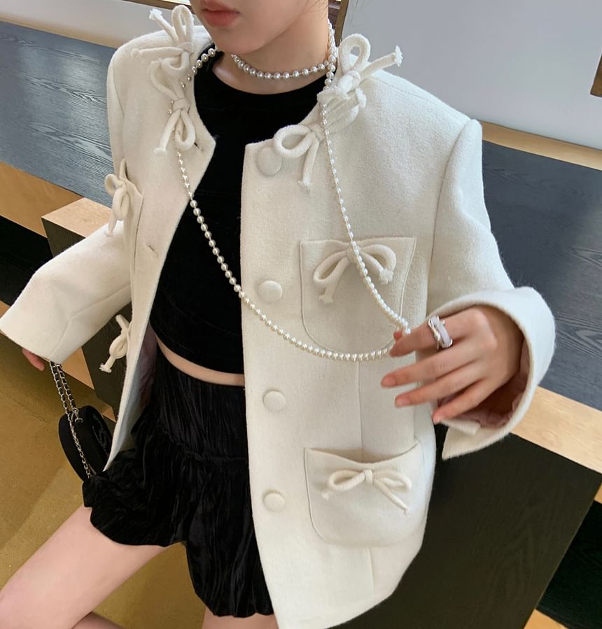 Ribbon Accent Button-Up Plain Jacket
