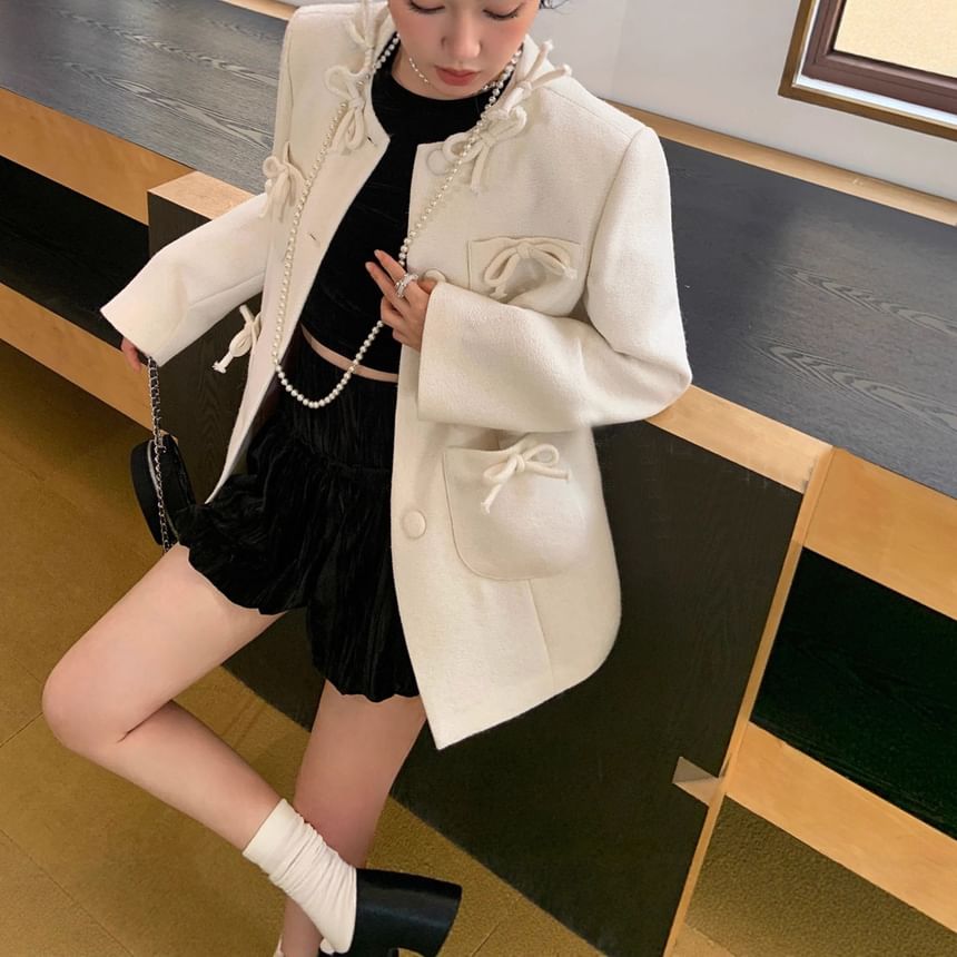 Ribbon Accent Button-Up Plain Jacket