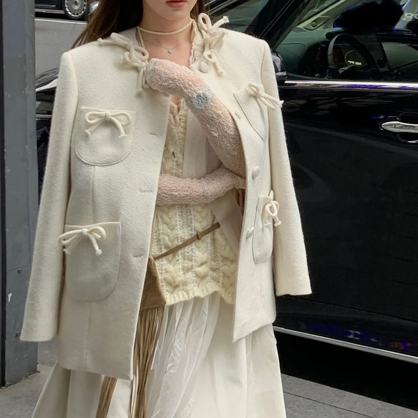 Ribbon Accent Button-Up Plain Jacket