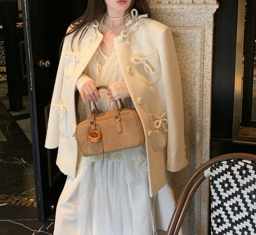 Ribbon Accent Button-Up Plain Jacket