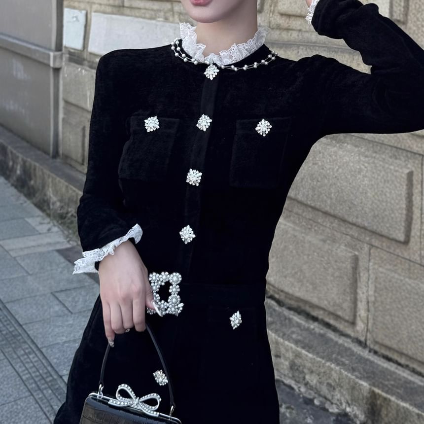 Long-Sleeve Frill Trim Plain Mini Mermaid Dress