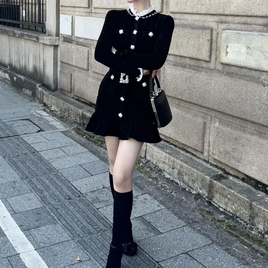 Long-Sleeve Frill Trim Plain Mini Mermaid Dress