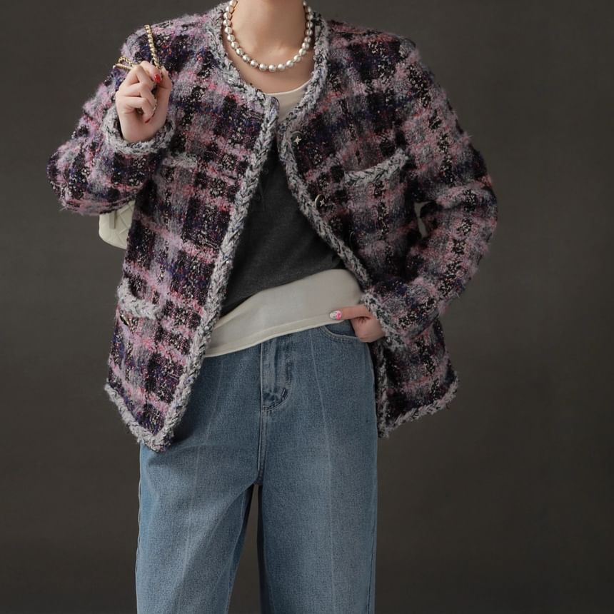 Plaid Tweed Button-Up Jacket