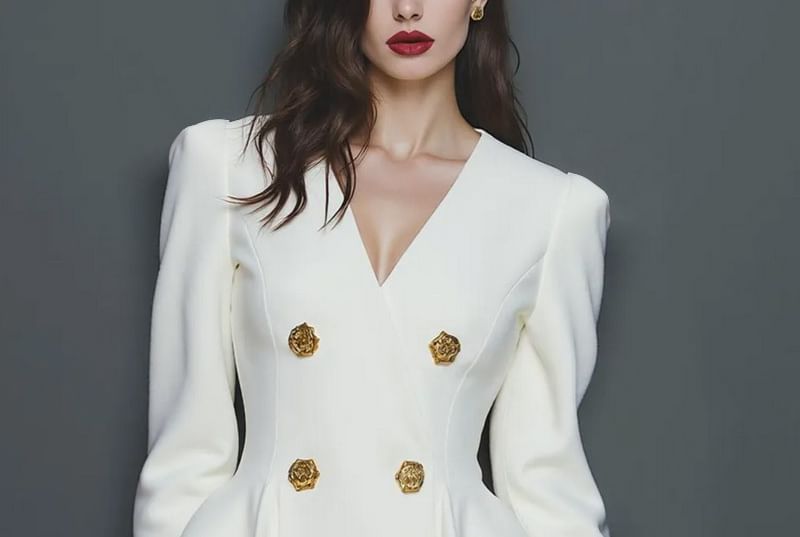 Long-Sleeve V-Neck Double Breasted Mini A-Line Dress