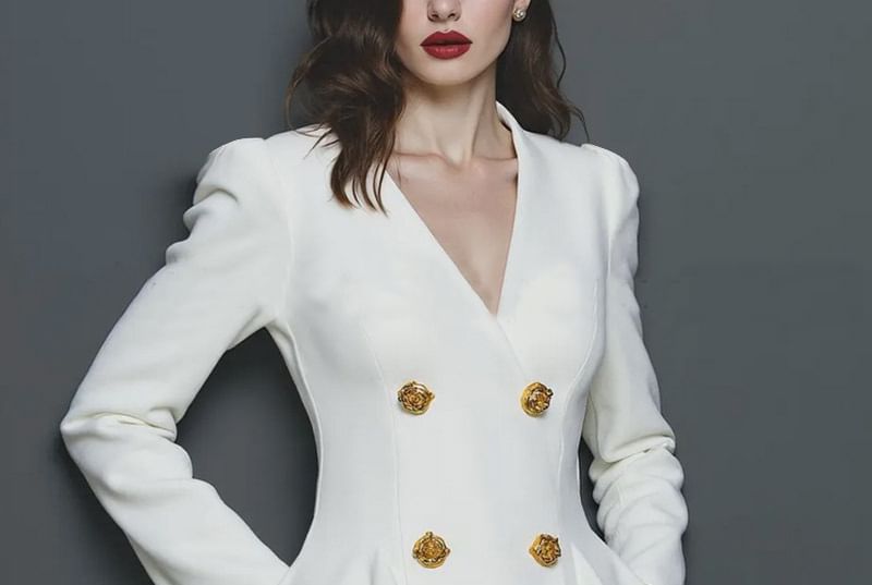 Long-Sleeve V-Neck Double Breasted Mini A-Line Dress