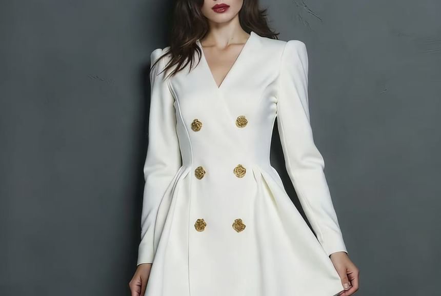 Long-Sleeve V-Neck Double Breasted Mini A-Line Dress