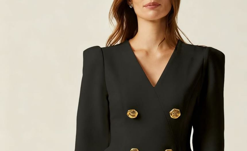 Long-Sleeve V-Neck Double Breasted Mini A-Line Dress