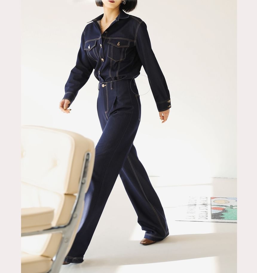 Long-Sleeve Contrast Stitching Denim Shacket / High Rise Straight Leg Jeans