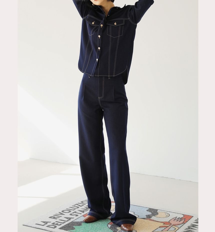 Long-Sleeve Contrast Stitching Denim Shacket / High Rise Straight Leg Jeans