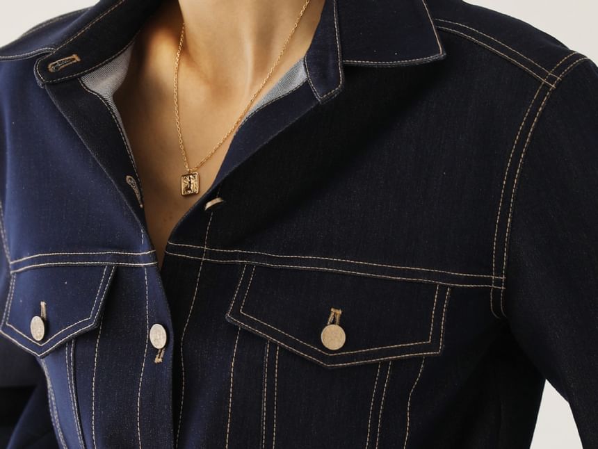 Long-Sleeve Contrast Stitching Denim Shacket / High Rise Straight Leg Jeans