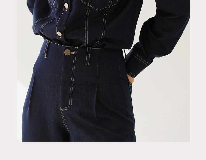 Long-Sleeve Contrast Stitching Denim Shacket / High Rise Straight Leg Jeans