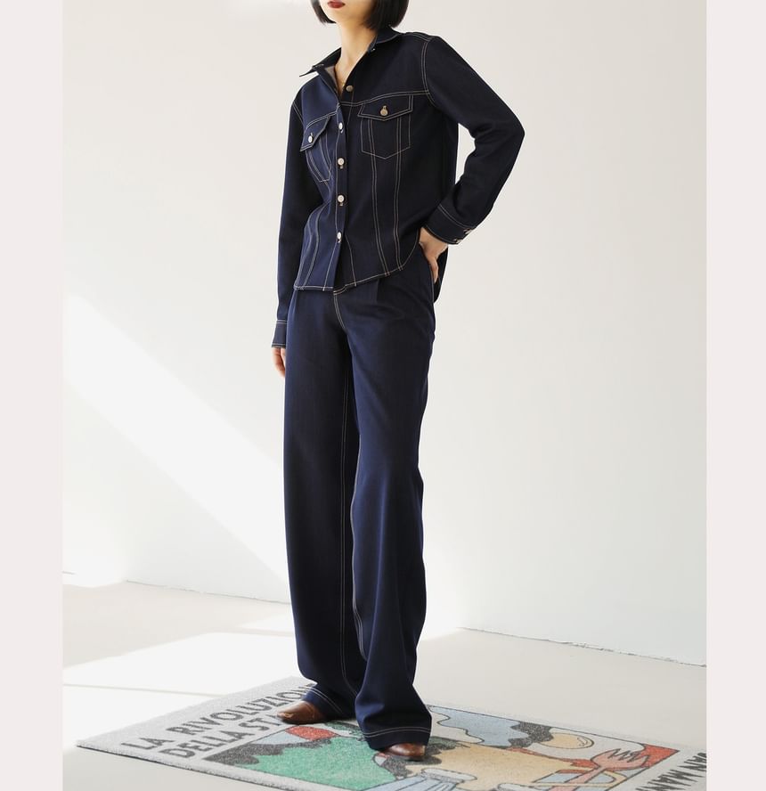 Long-Sleeve Contrast Stitching Denim Shacket / High Rise Straight Leg Jeans