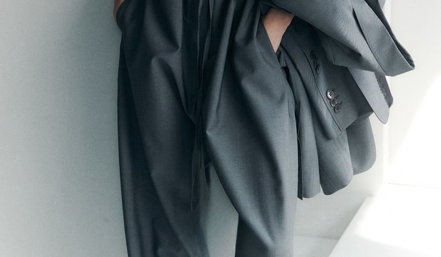 Notch Lapel Plain Single-Breasted Blazer / V-Neck Vest / Drawstring Waist Loose Fit Pants