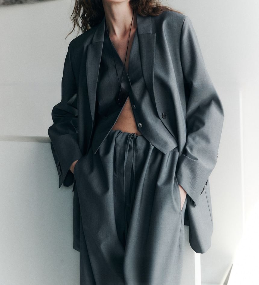 Notch Lapel Plain Single-Breasted Blazer / V-Neck Vest / Drawstring Waist Loose Fit Pants