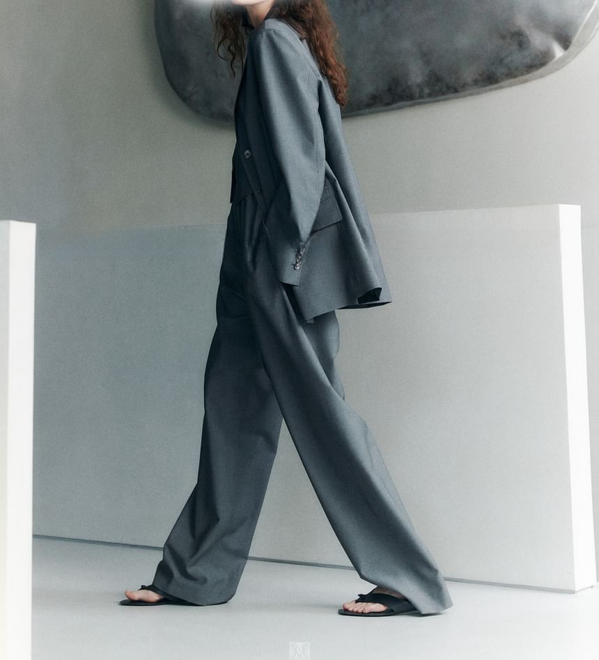 Notch Lapel Plain Single-Breasted Blazer / V-Neck Vest / Drawstring Waist Loose Fit Pants