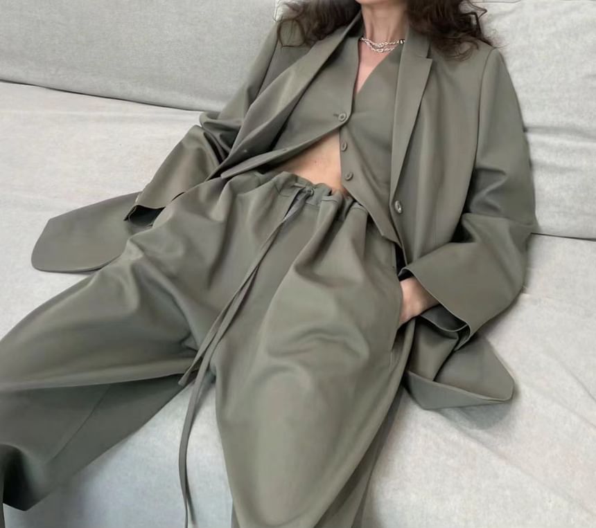 Notch Lapel Plain Single-Breasted Blazer / V-Neck Vest / Drawstring Waist Loose Fit Pants