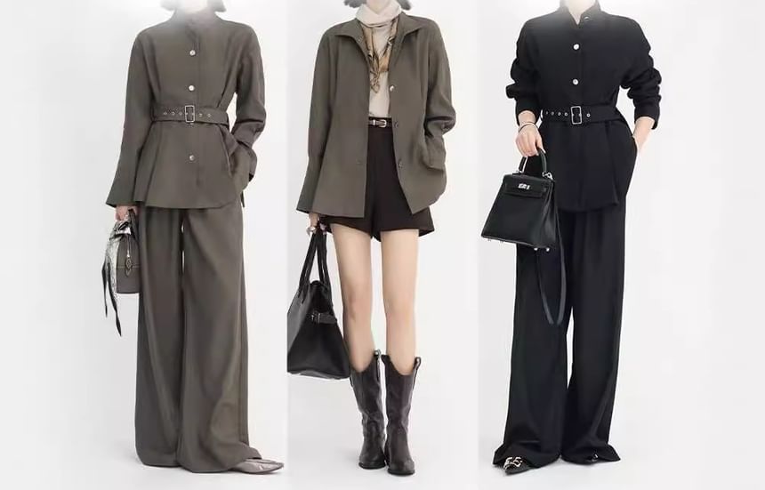 Stand Collar Plain Button Trench Jacket / High Rise Wide Leg Pants