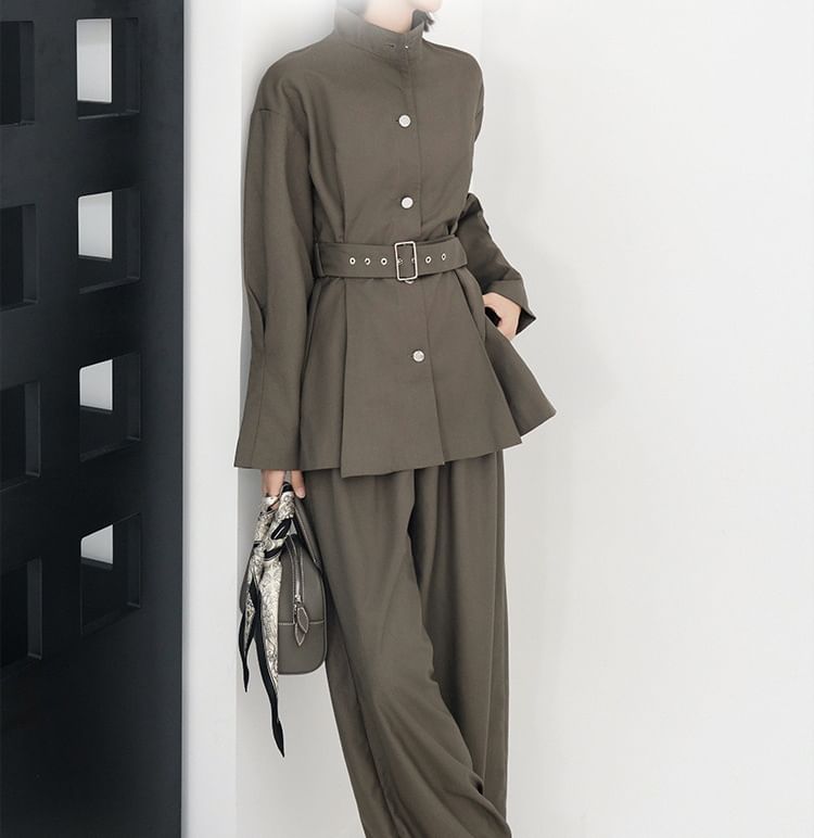 Stand Collar Plain Button Trench Jacket / High Rise Wide Leg Pants