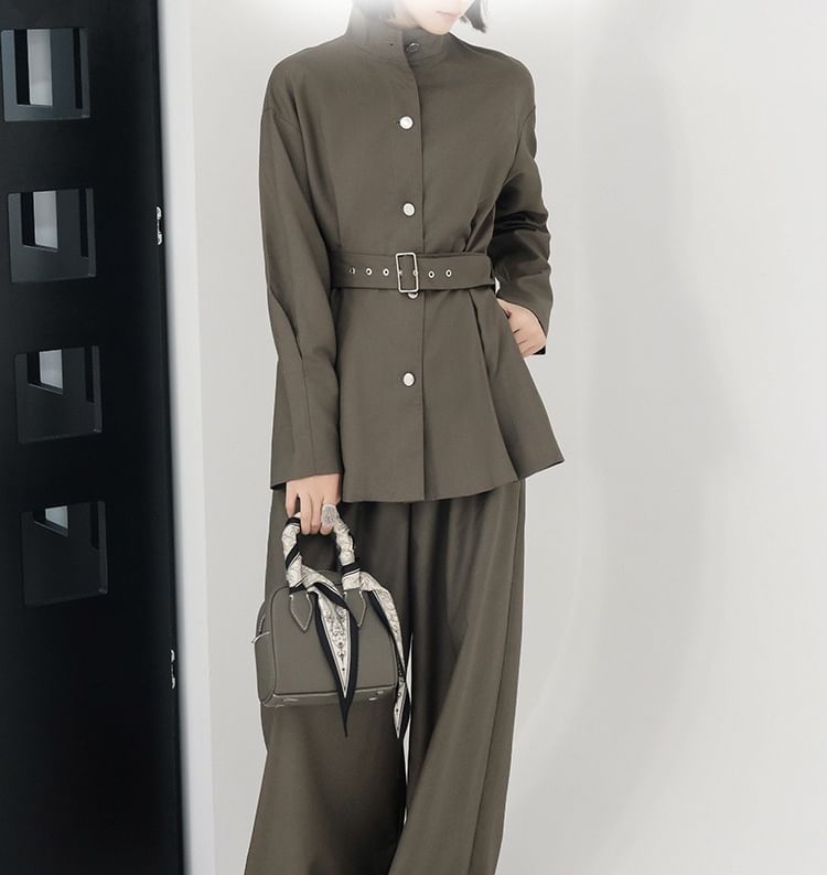 Stand Collar Plain Button Trench Jacket / High Rise Wide Leg Pants