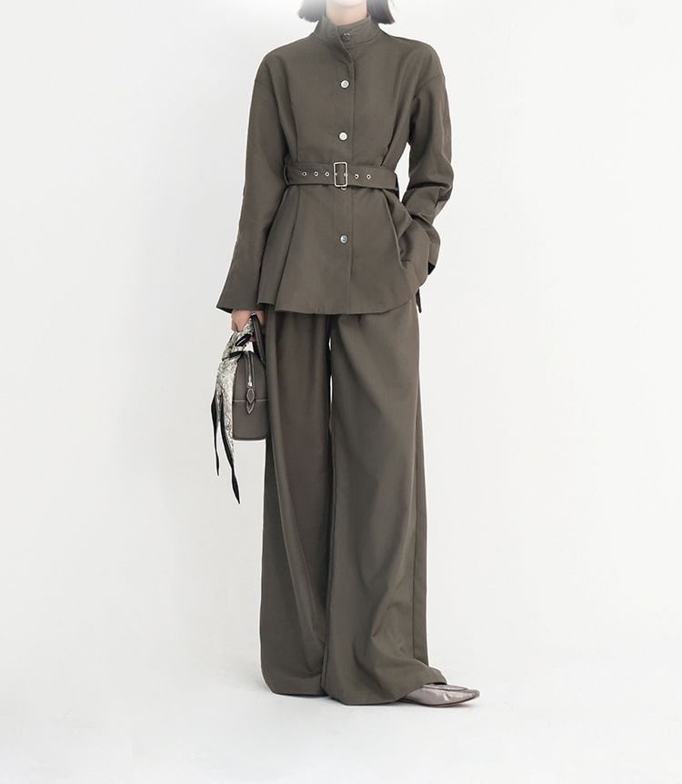 Stand Collar Plain Button Trench Jacket / High Rise Wide Leg Pants